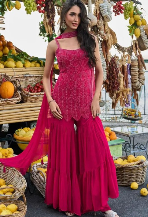 Fuchsia Embroidered Georgette Designer Suit